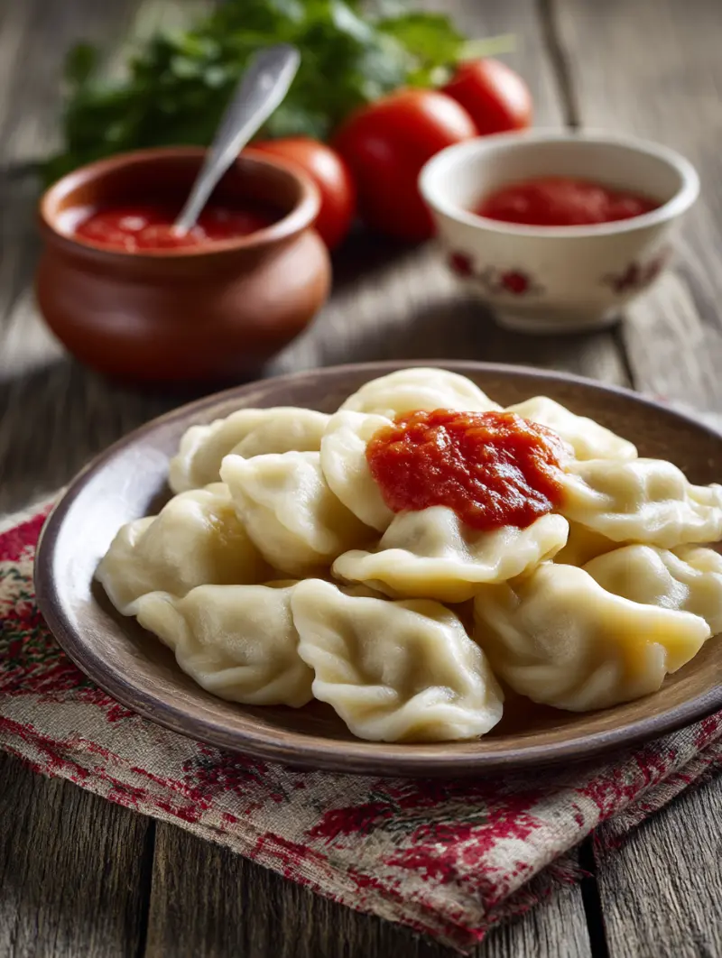 wloska kuchnia i pierozki culurgiones podane na talerzu z sosem pomidorowym