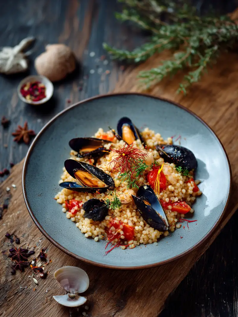 Włoska kuchnia tradycyjna, fregola z owocami morza podana na talerzu